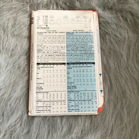 Butterick 5715 Kids Fashion Essentials Skirt Tunic Top Leggings Headband 6 7 8 - Picture 3 of 4